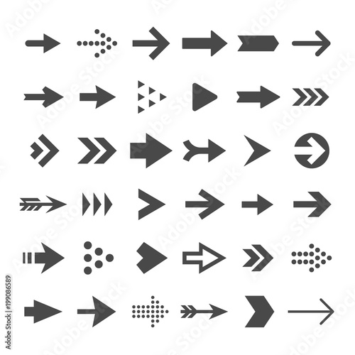 Arrow button icons. Right arrowhead signs. Rewind and next vector symbols