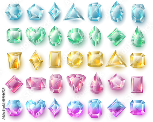 Color cutting gems, nature brilliants. Precious stones and diamonds vector set isolated on white background