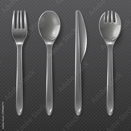 Realistic transparent plastic cutlery. Spoon, fork and knife isolated. Disposable tableware vector set