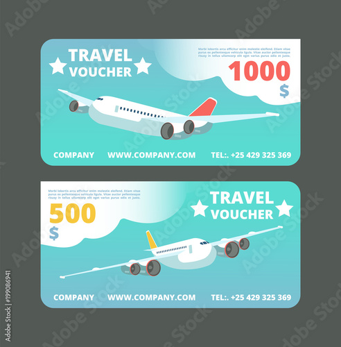 Gift travel voucher, travelling promo card. Ticket with flying airplane in the sky vector set