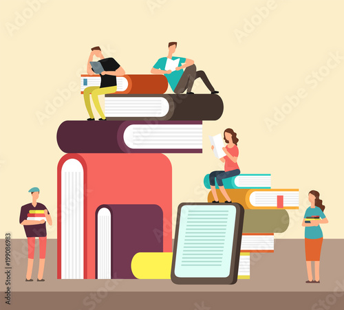Man and woman reading books. People and book creative idea cartoon flat concept. Book festival vector poster