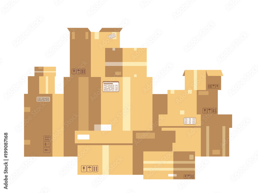 Pile of sealed goods cardboard boxes. Mail box stack isolated. Delivery and cargo vector concept Pile of sealed goods cardboard boxes. Mail box stack isolated. Delivery and cargo vector concept