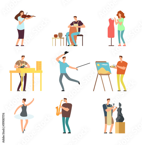 Happy people of art and music. Cartoon artists and musicians vector isolated characters in creative artistic hobbies