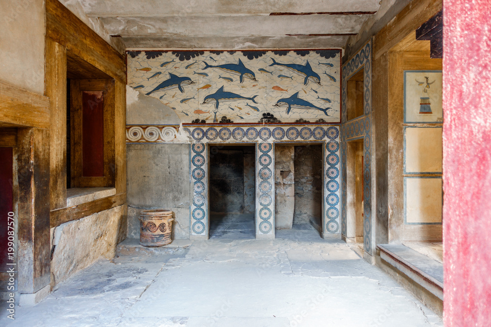 Wall painting at Knossos Palace, Heraklion, Crete, Greece