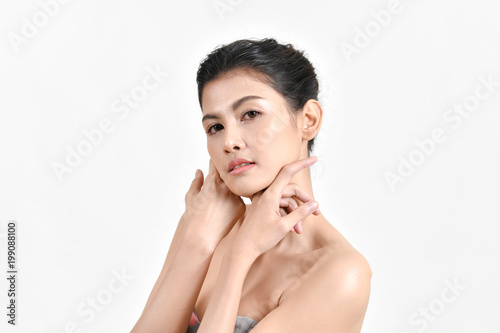 The concept of healthy beautiful woman. Beautiful women keep healthy. Beautiful women take care of skin health. Beautiful girl on white background