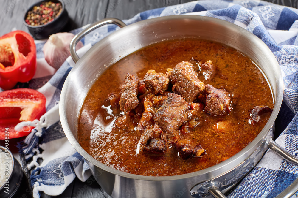 Czech beef goulash in a stainless pan Czech beef goulash in a stainless pan