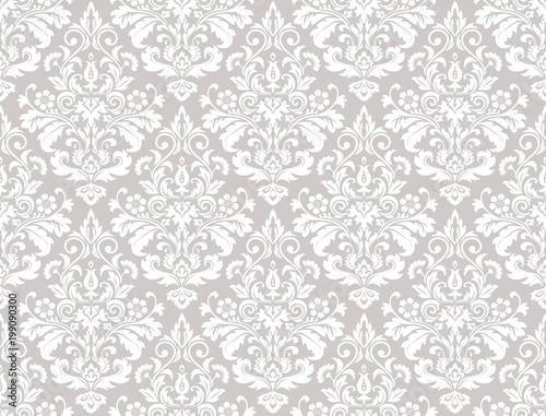 Wallpaper in the style of Baroque. A seamless vector background. White and grey floral ornament. Graphic vector pattern.