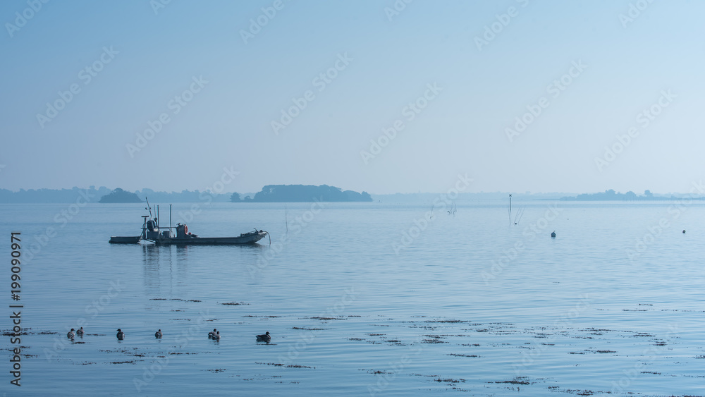 Beautiful panorama of the  Morbihan gulf, fisherboat in the mist
