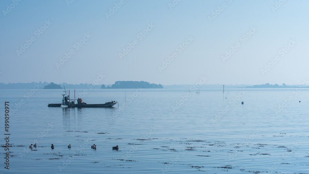 Beautiful panorama of the Morbihan gulf, fisherboat in the mist
Beautiful panorama of the Morbihan gulf, fisherboat in the mist
