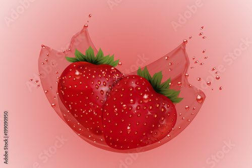 Fresh ripe strawberry with splash strawberry juice. Vector