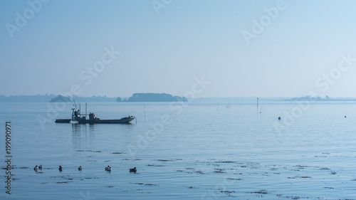 Beautiful panorama of the Morbihan gulf, fisherboat in the mist 
