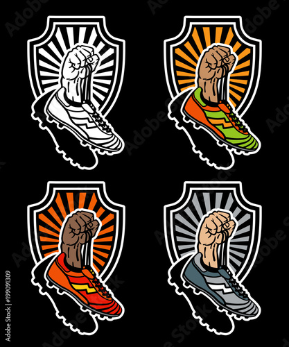 Raised hand holding football boots on shield background. Hand drawn vector illustrations in different colors, isolated on black.