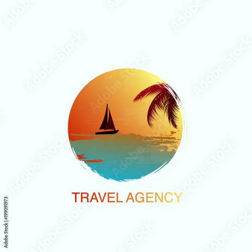 Yacht logo vector illustration with  sea and palm leaves  at sunset, travel agency concept