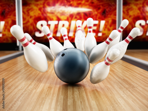 Bowling strike concept with rolling ball and pins. 3D illustration photo