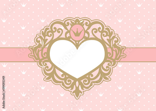 Cute pink background with polka dots and crown. Luxury gold photo frame in the shape of a heart. Princess royal invitation card ( birthday, wedding, baby shower) Vector picture border. Vintage mirror