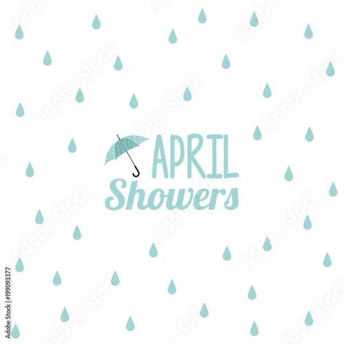 April showers illustration with umbrella icon and rain drops in the background isolated on white.