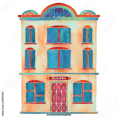Watercolor cartoon building, school, house exterior