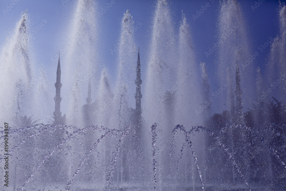 view from fountain Silhouettes of Blue Mosque view from fountain Silhouettes of Blue Mosque