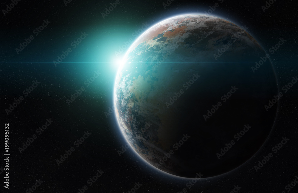 Fototapeta premium Distant planet system in space with exoplanets 3D rendering elements of this image furnished by NASA
