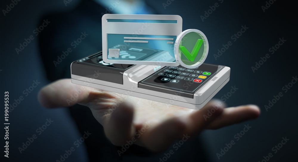 Businessman using contactless terminal payment 3D rendering Businessman using contactless terminal payment 3D rendering