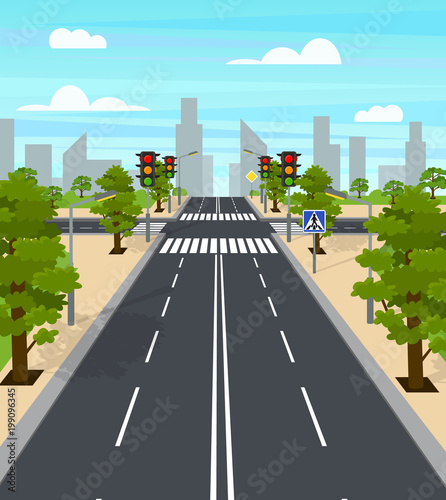 Cartoon City Crossroad Traffic Lights Card Poster. Vector