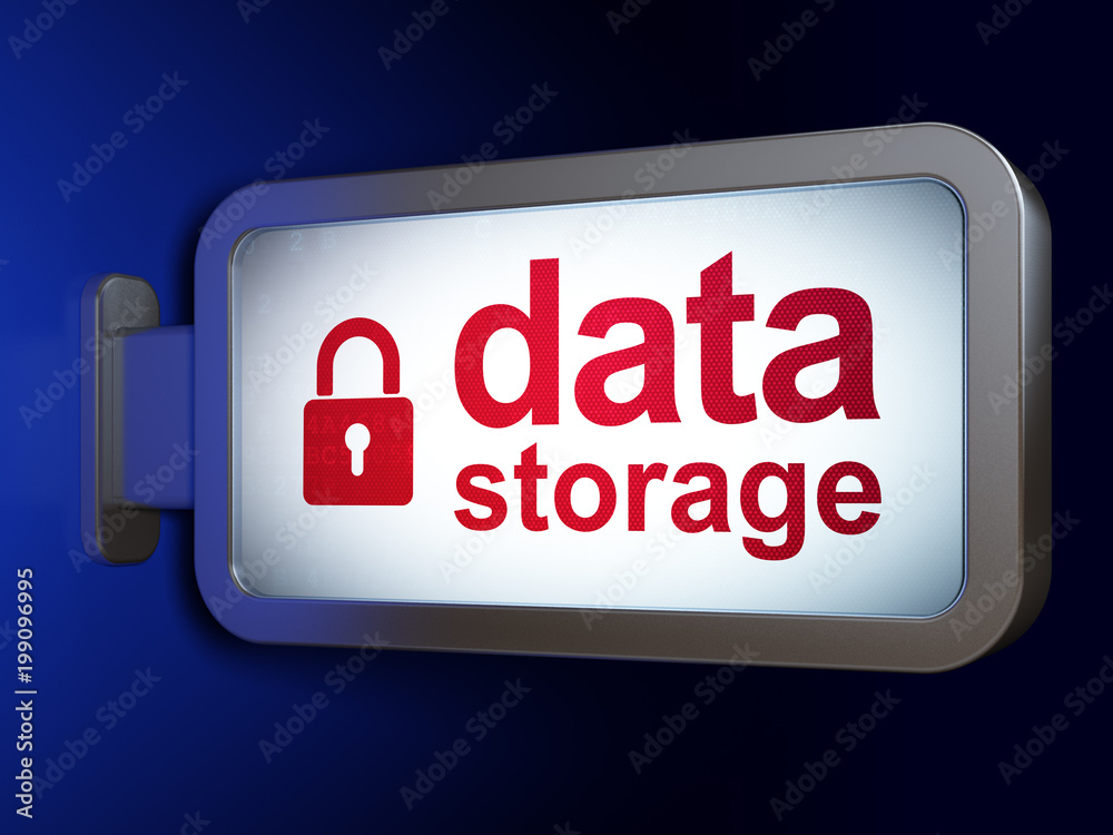 Data concept: Data Storage and Closed Padlock on advertising billboard background, 3D rendering