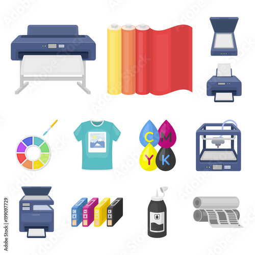 Typographical products cartoon icons in set collection for design. Printing and equipment vector symbol stock web illustration.
