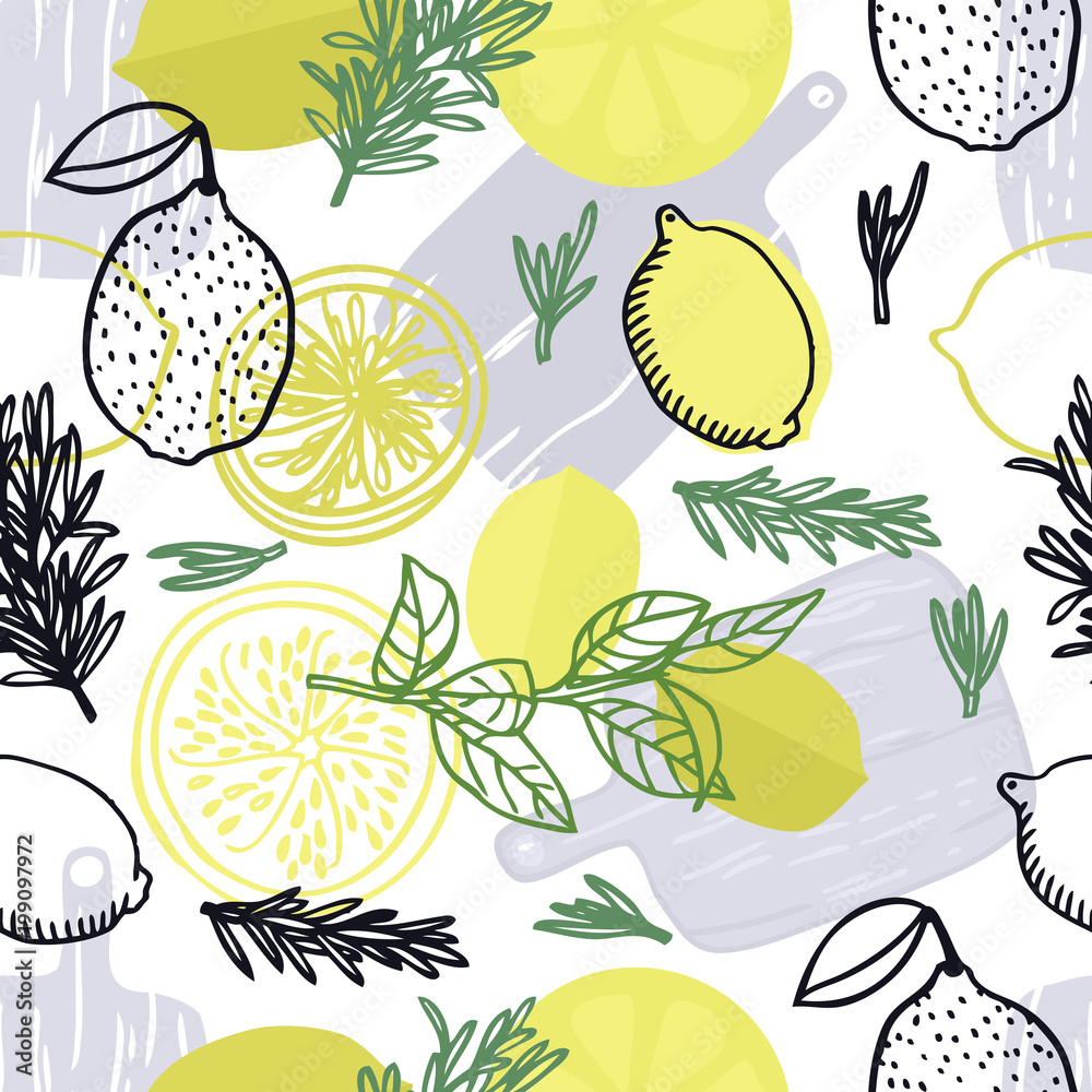 Food collection Fresh rosemary and lemons Hand drawn style Seamless pattern Food collection Fresh rosemary and lemons Hand drawn style Seamless pattern