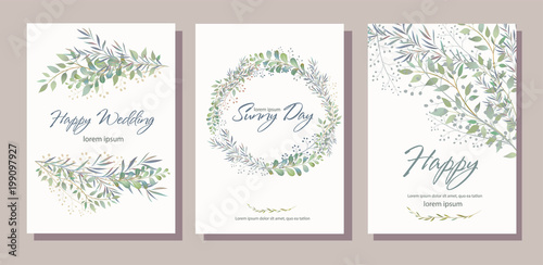 Set of card with beautiful twigs with leaves. Wedding ornament concept. Imitation of watercolor, isolated on white. 
Sketched wreath, floral and herbs garland