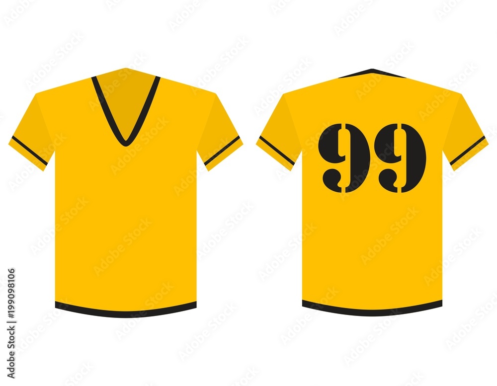 T-shirt yellow and black soccer or football template for team club isolated  on white background. Front and back view soccer uniform in flat style.  T-Shirt sport Design. Vector Illustration. Stock Vector