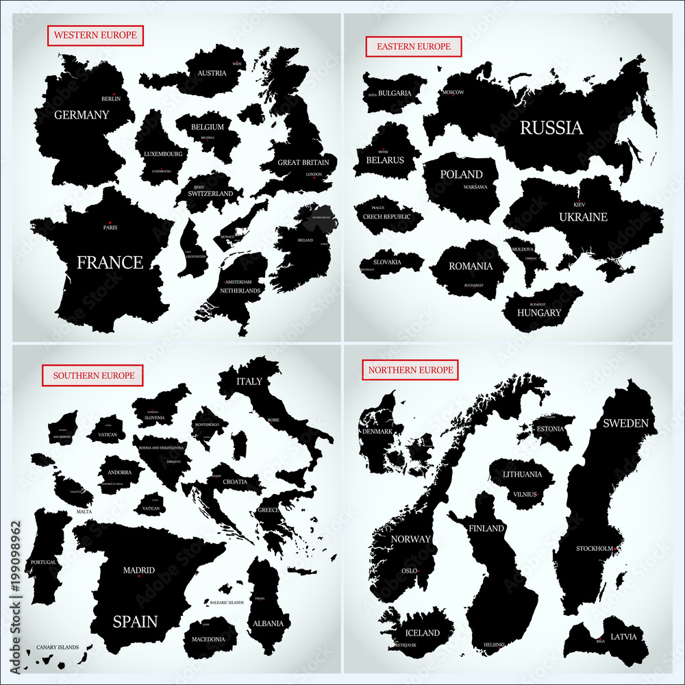 Obraz premium Collection of vector maps of Northern, Western, Eastern and Southern Europe with the names of capitals