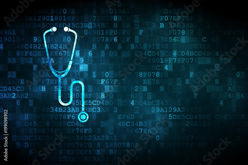Medicine concept: pixelated Stethoscope icon on digital background, empty copyspace for card, text, advertising