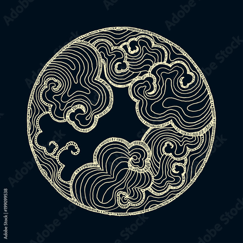 hand drawn asian pattern with clouds in ivory and black