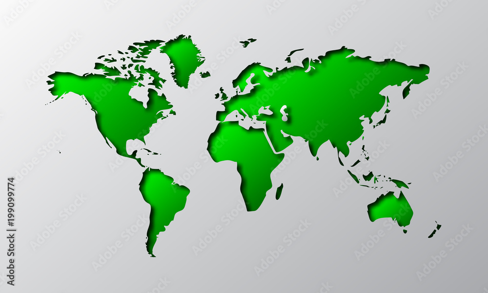 Paper art of the green World map. Vector illustration.