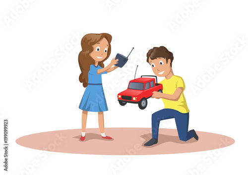 Happy kids playing with radio controlled cars. RC model. Cartoon vector illustration, isolated on white background.