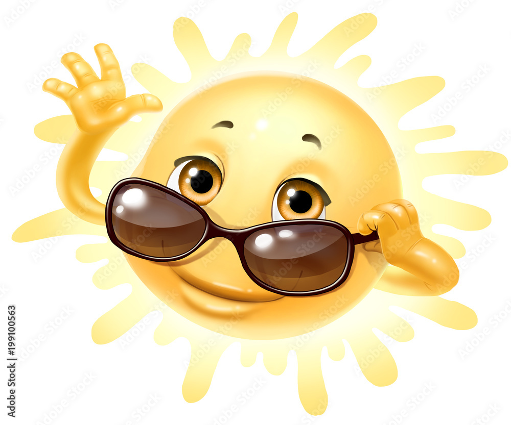 Emoji, sun in glasses, isolated on white