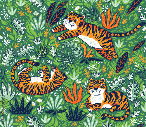 Tropical seamless pattern with funny tigers in cartoon style. Vector illustration