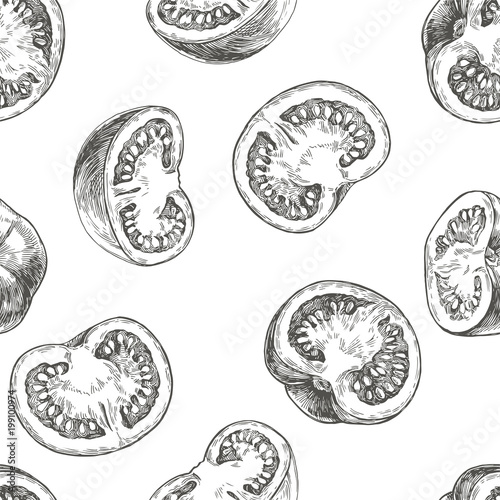 Vector seamless pattern with sketch tomato halves isolated on white background. intage hand drawn illustration of fresh vegetable cut in half longitudinal section in engraving style.