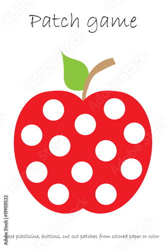 Education Patch game apple for children to develop motor skills, use plasticine patches, buttons, colored paper or color the page, kids preschool activity, printable worksheet, vector illustration