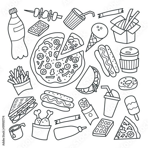 Fast food. Set of elements in doodle and cartoon style. Outline