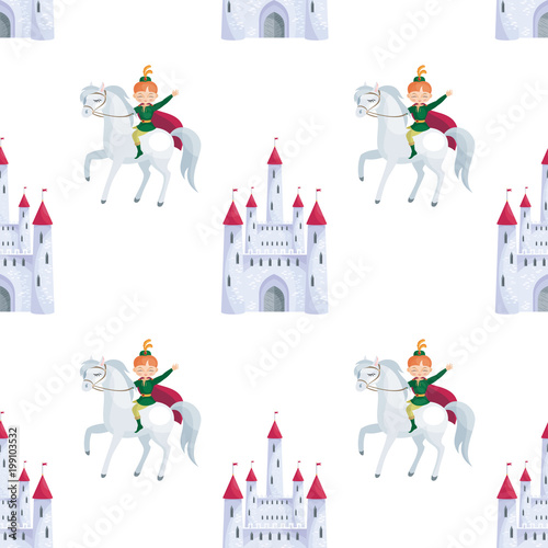 Colorful seamless pattern with a picture of a fairytale castle and Prince. Vector background.