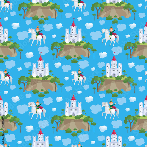 Colorful seamless pattern with a picture of a fairytale castle and Prince. Vector background.