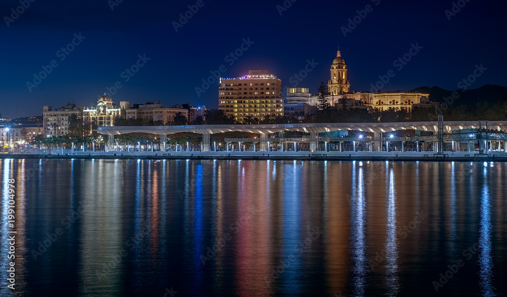 Panoramic view of Malaga city harbour, Spain, long exposure