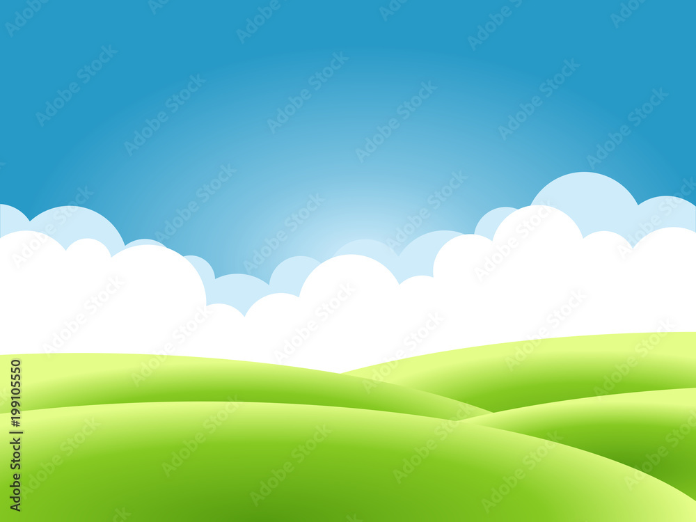 Obraz premium Summer nature background, a landscape with green hills and meadows, blue sky and clouds. Vector illustration