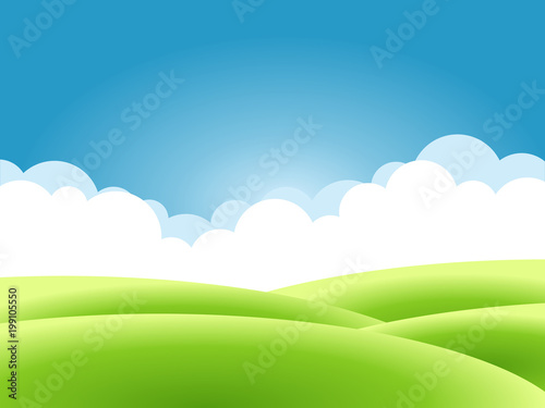 Summer nature background, a landscape with green hills and meadows, blue sky and clouds. Vector illustration