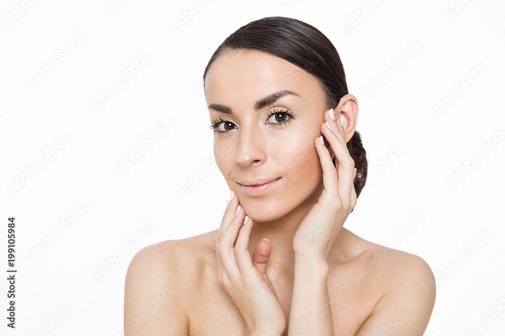 Close up portrait of beautiful young woman with clean fresh skin. Make up. Cosmetics and cosmetology. Care of skin. Spa treatments. Women Health. Close up portrait of beautiful young woman with clean fresh skin. Make up. Cosmetics and cosmetology. Care of skin. Spa treatments. Women Health.