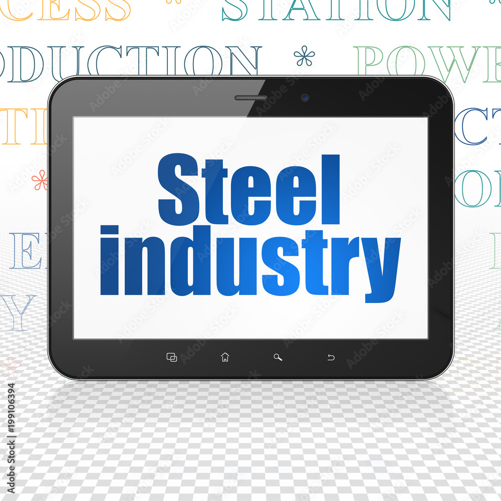Industry concept: Tablet Computer with blue text Steel Industry on display, Tag Cloud background, 3D rendering Industry concept: Tablet Computer with blue text Steel Industry on display, Tag Cloud background, 3D rendering