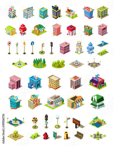 Isometric vector icons set for city constructor. Houses, cafe, hospital, shop, hotel, road equipment, park elements, Modern town architecture. Urban buildings