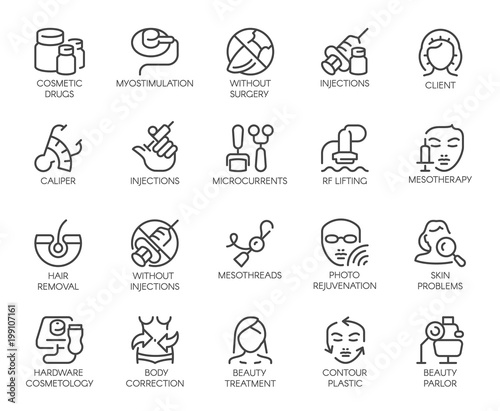 Set of 20 icons on cosmetology theme. Labels isolated. Beauty therapy, medicine, healthcare, wellness treatment linear symbols. Correction, rejuvenation, anti-aging procedure logo. Vector graphic