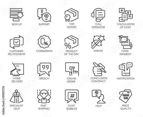 Set of 20 line icons isolated on business theme.. Marketing, commerce and high customer service symbols. Graphic contour logo or button for websites and mobile applications. Vector labels